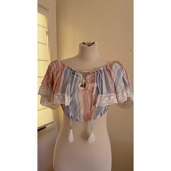 Ocean Drive Blue/Peach Off Shoulder Top Sz M - Picture 3 of 7